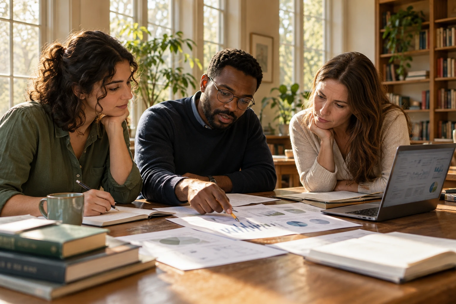 Illustrative researchers discussing statistical charts around a table