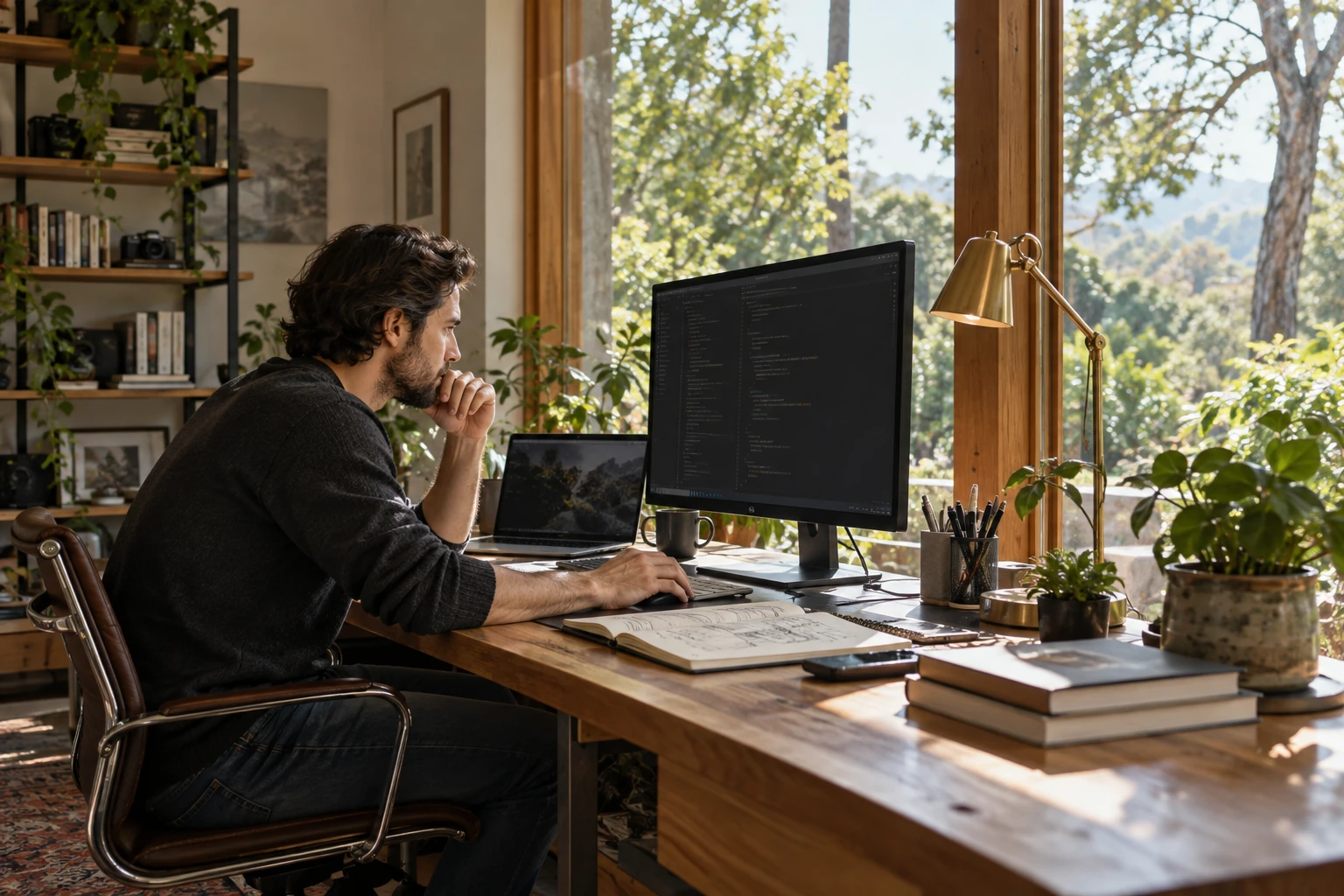 An illustrative developer working in a light-filled home workspace
