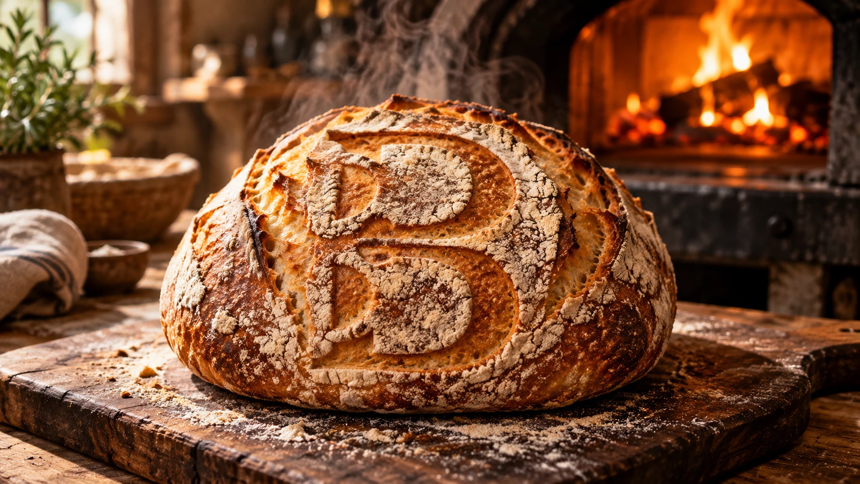 A warm artisan loaf with the Buik B scored into its crust, beside a glowing oven