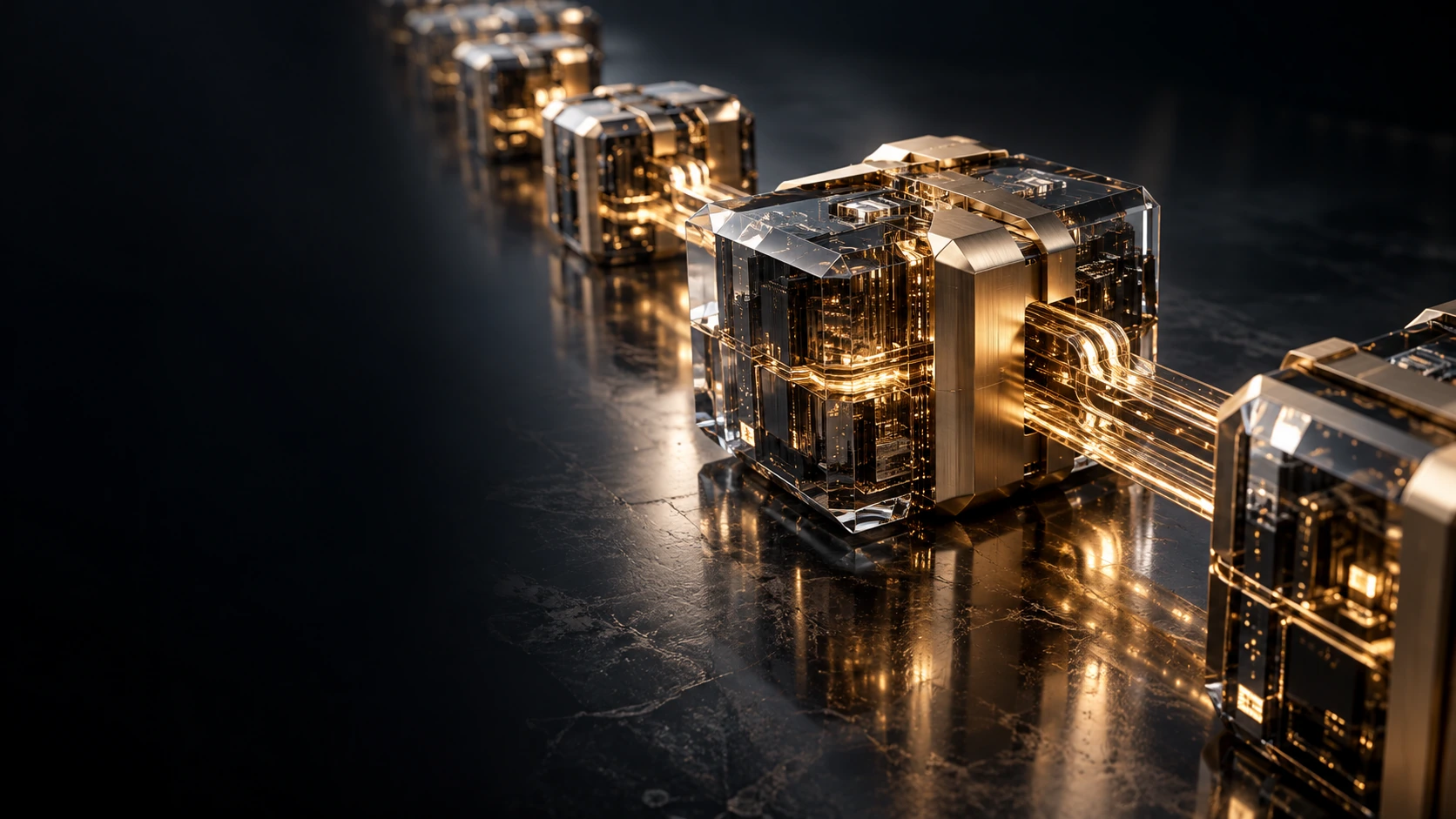 Gold connections linking glass blocks, an illustration of Buik Corp’s blockchain plans
