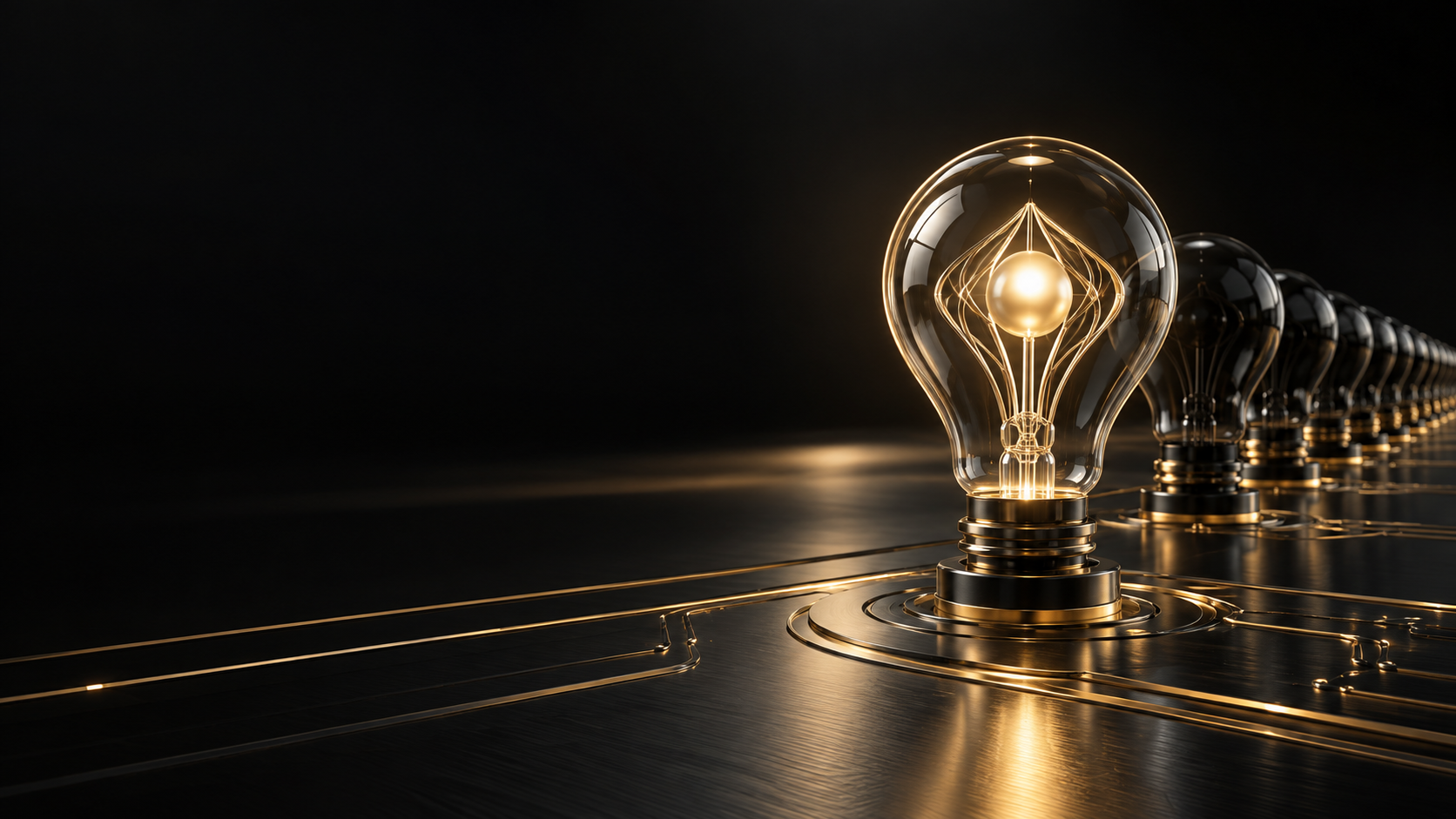 An illuminated gold lightbulb beside a row of mirror-black bulbs