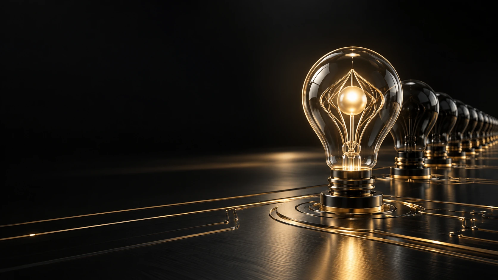 An illuminated gold lightbulb inside precision glass